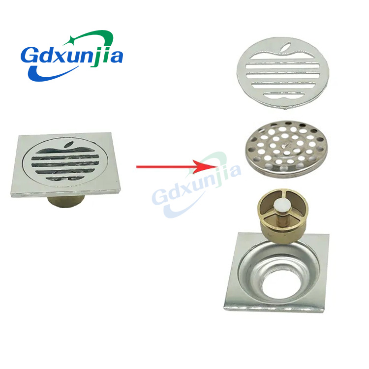 Hot Square 6mm Thick 4 လက်မ 201 Stainless Steel Round Apple Pattern Bathroom Shower Brass Anti Odor Floor Drain with Bayonet —XINZHIJIA/XUNJIA