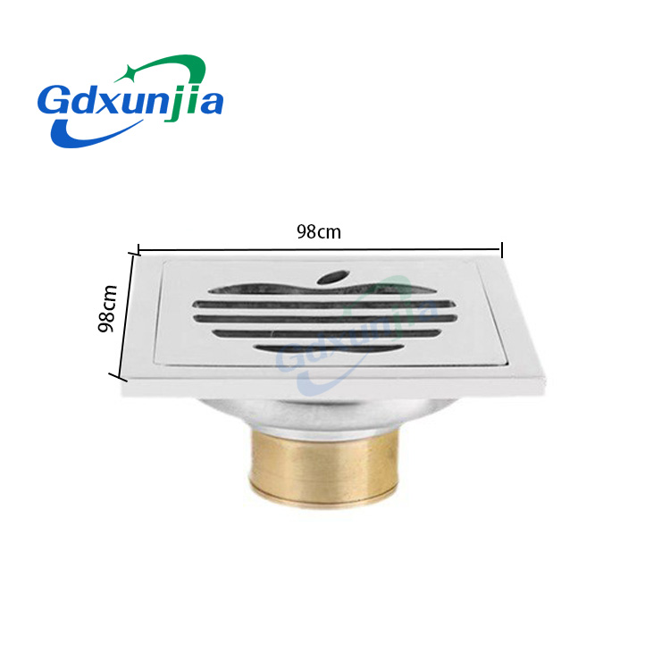 方形6mm厚 4 英寸 201 不锈钢苹果图案浴室淋浴地漏带铜防臭自密封芯